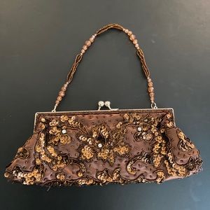 Small Brown, Copper, Bronze Beaded Clam Opening Handbag